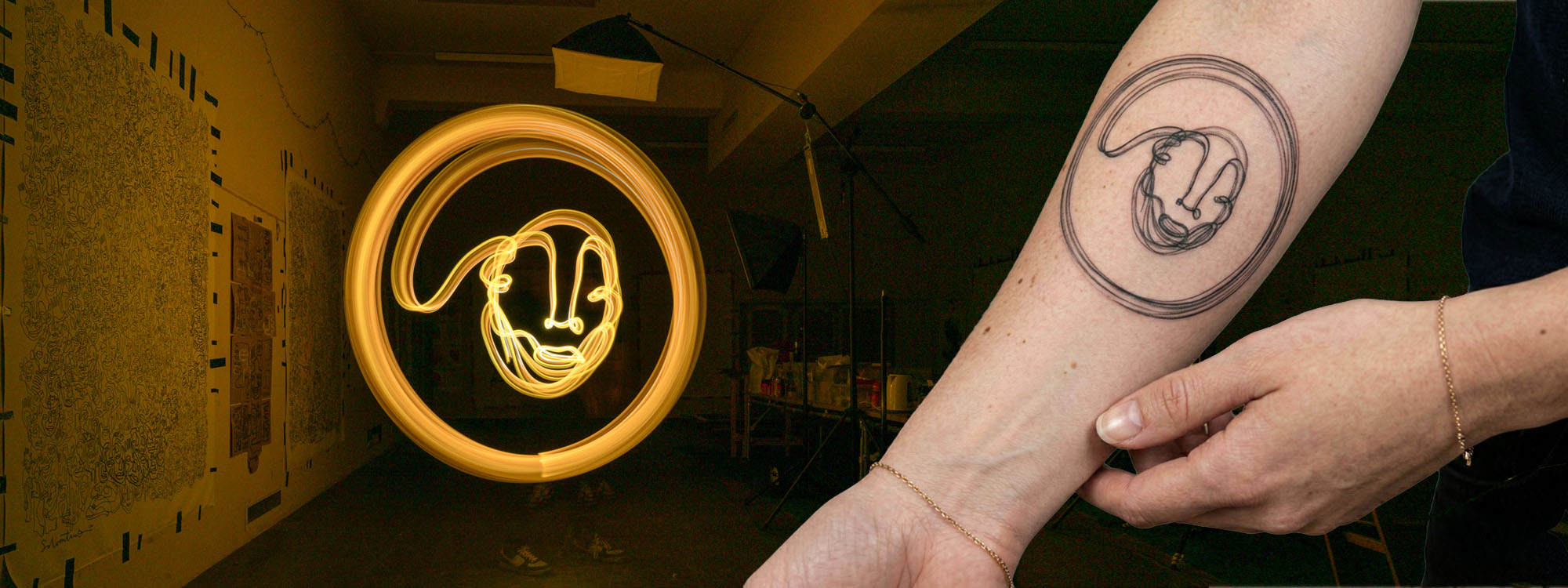 Light painting portrait translated into a tattoo — one line, drawn in light and worn for life